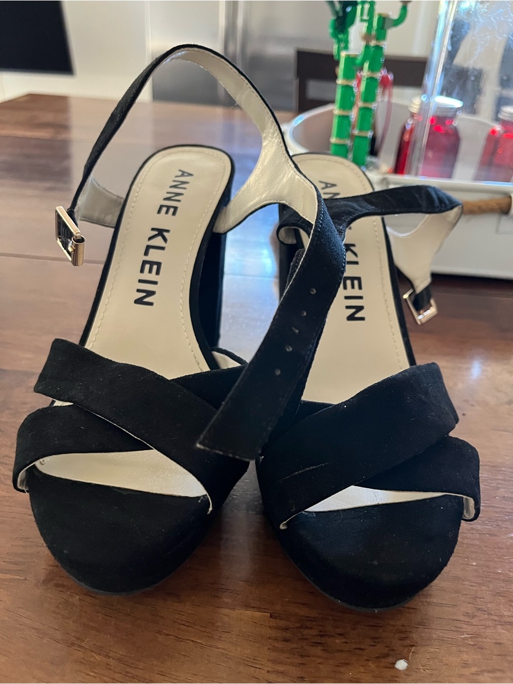 Anne Klein Black Suede Crisscross Slingback Heels